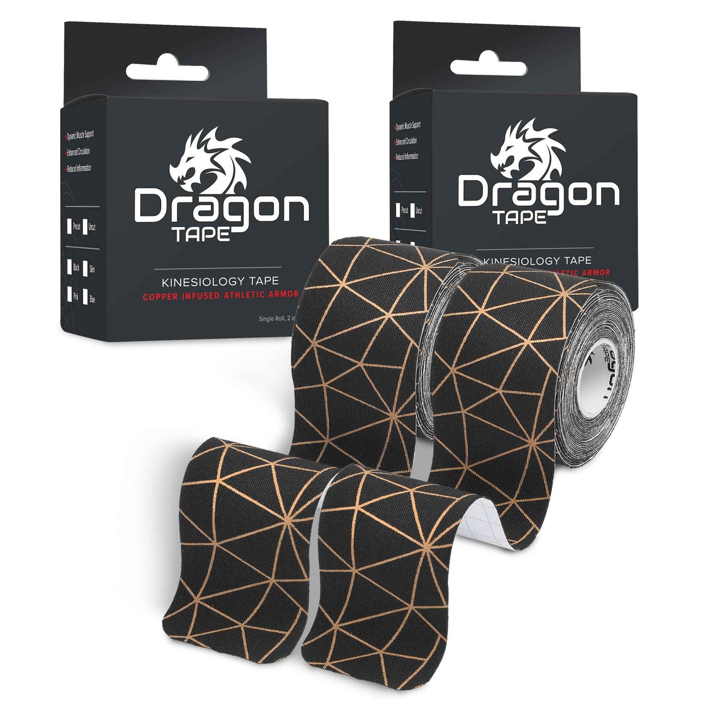 Dragon Tape Kinesiology Tape Copper Infused – 20 Precut Water-Resistant Strips - Black - Double Roll