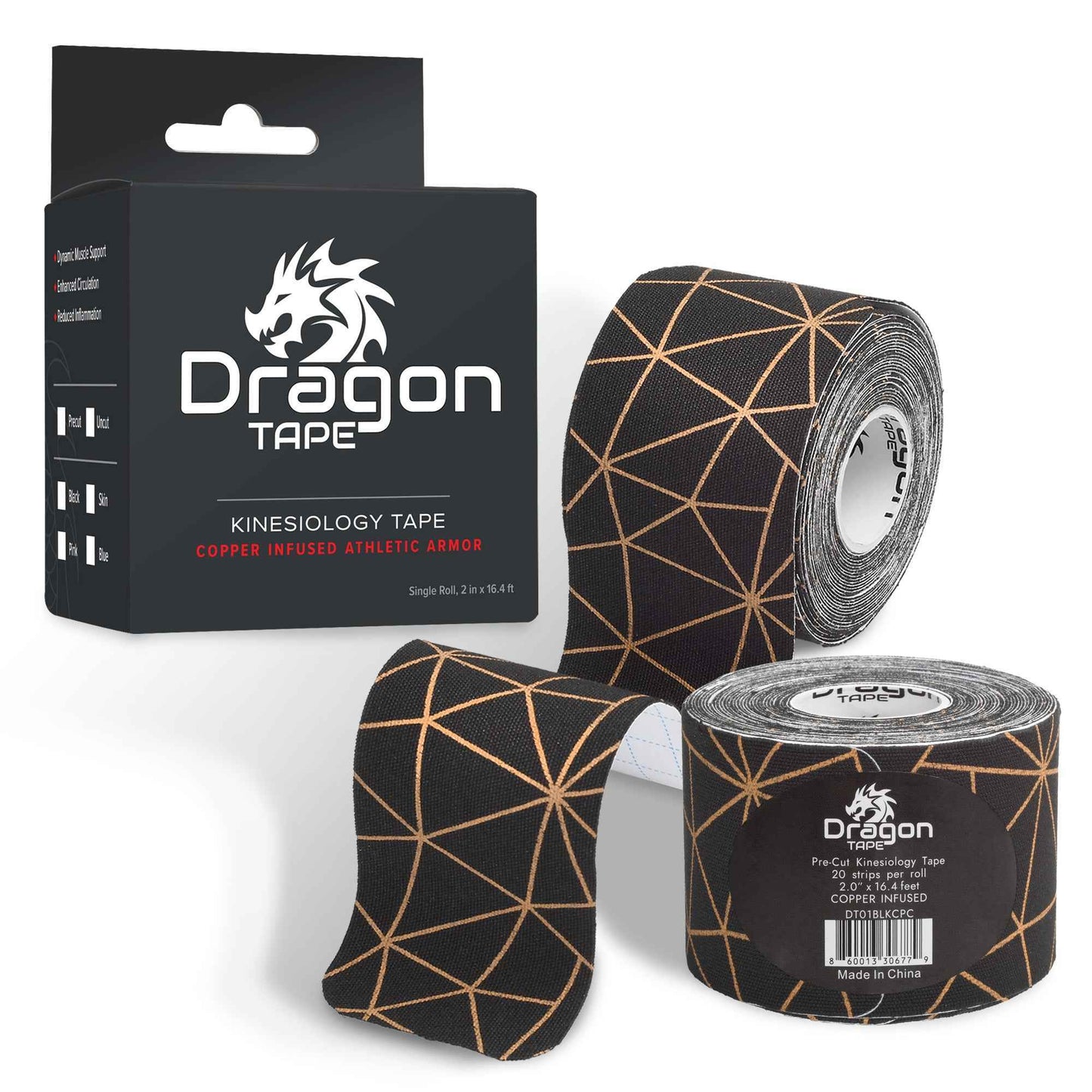 Dragon Tape Kinesiology Tape Copper Infused – 20 Precut Water-Resistant Strips - Black - Single Roll