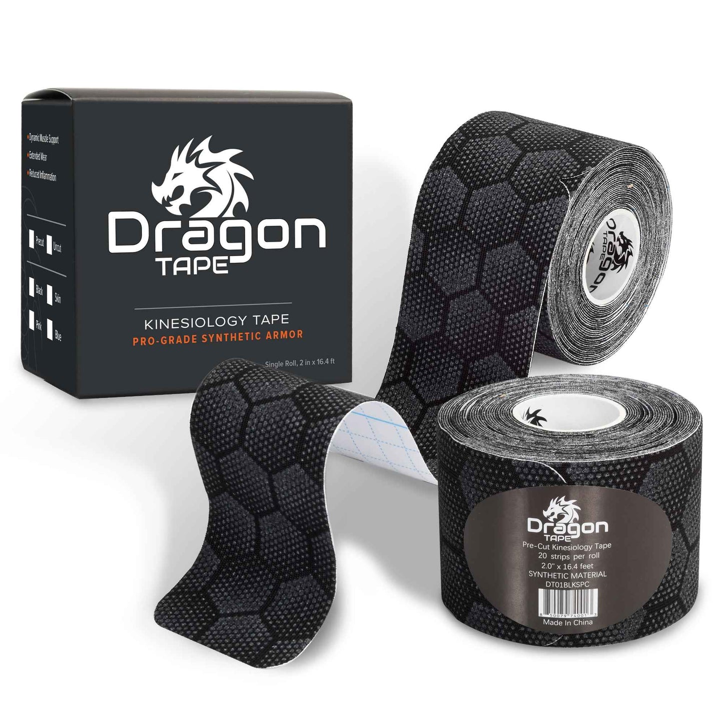 Dragon Tape Synthetic Kinesiology Tape - 20 Precut Waterproof Strips - Black