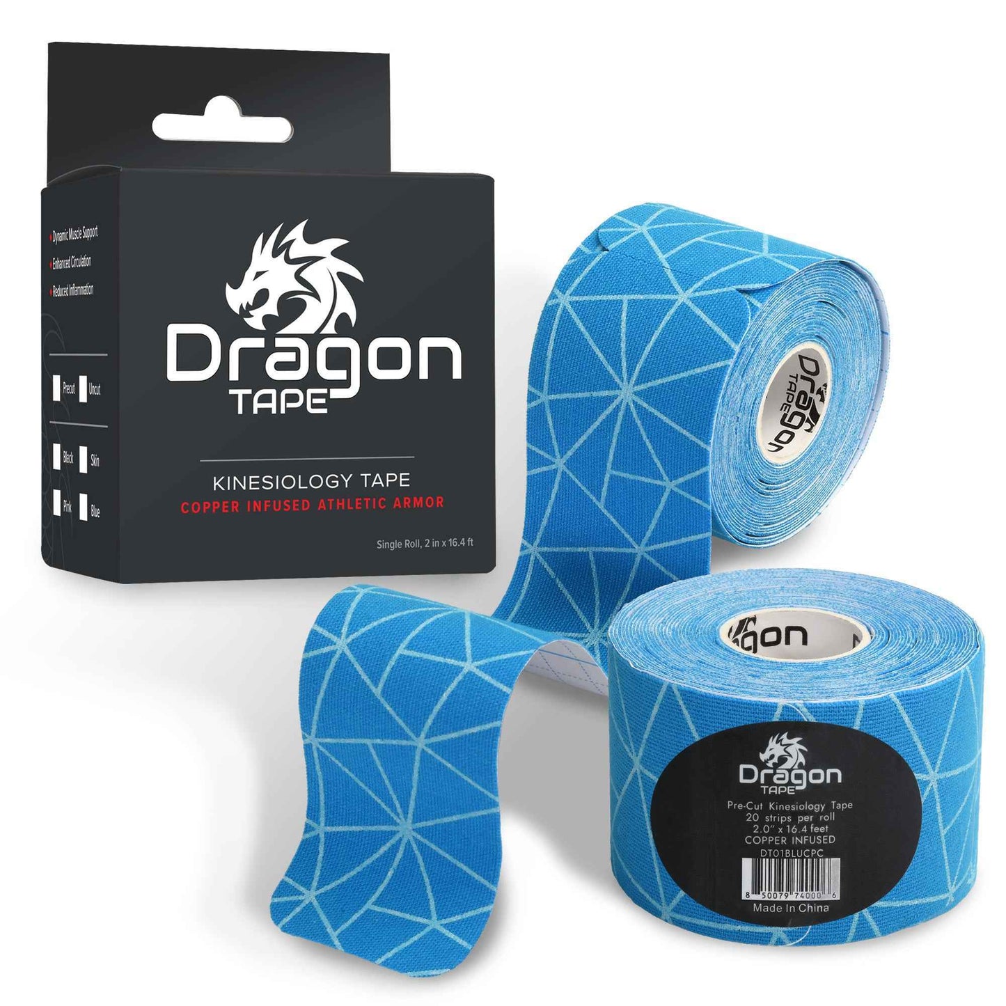 Dragon Tape Kinesiology Tape Copper Infused – 20 Precut Water-Resistant Strips - Blue - Single Roll