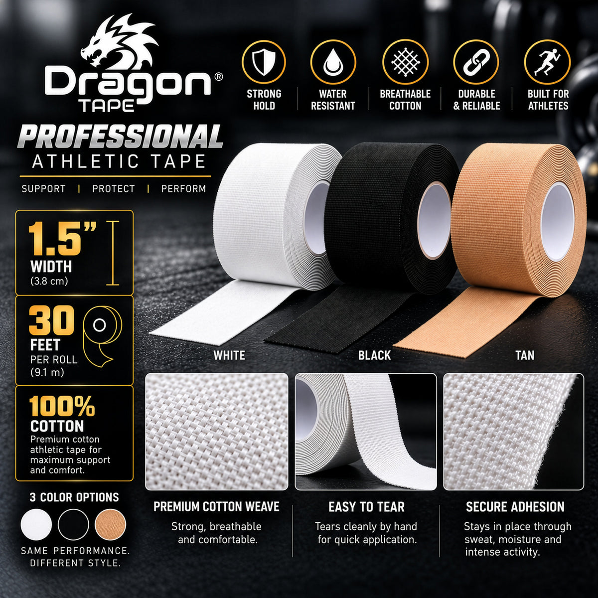 Dragon Tape Professional Athletic Tape - 2 Rolls (White)