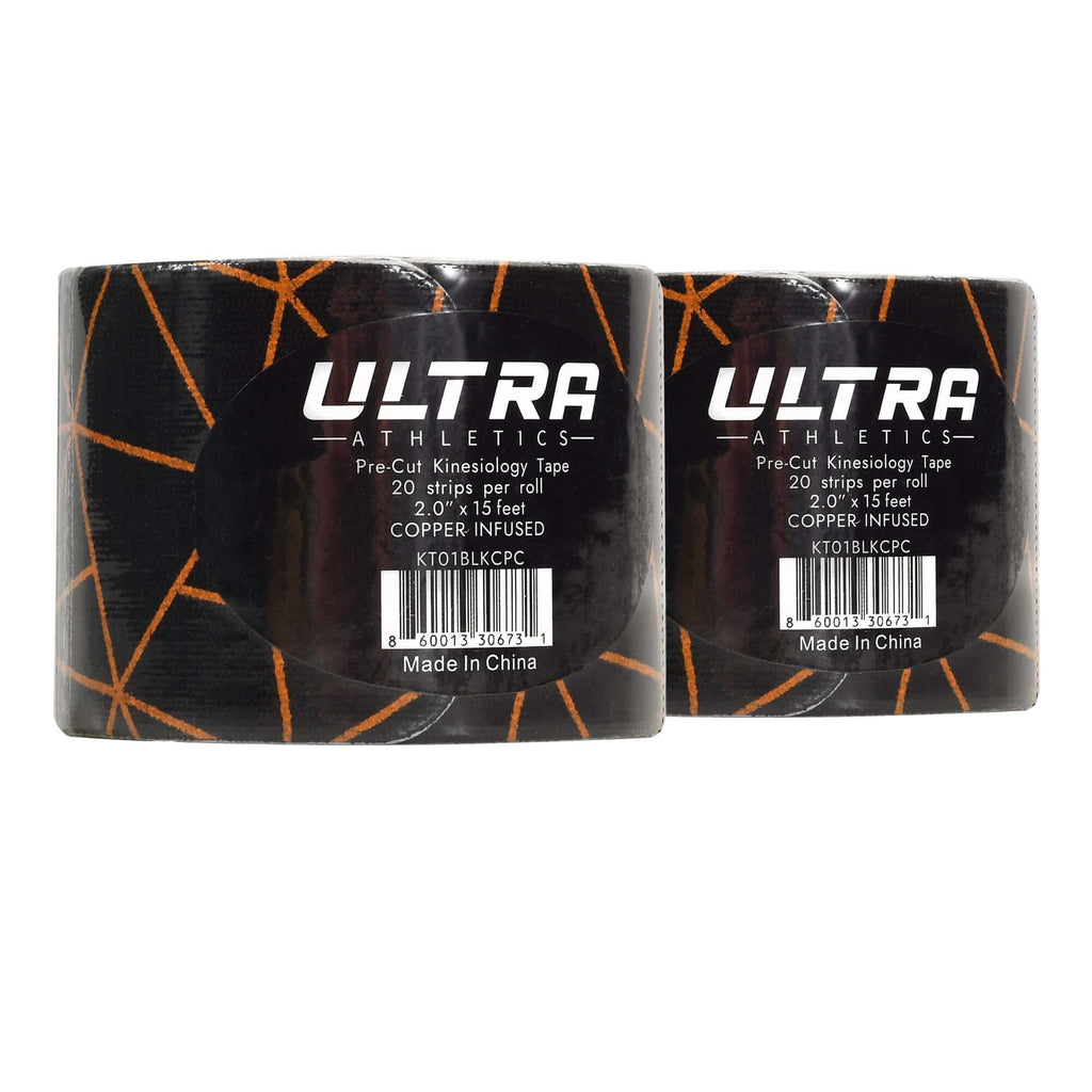 Ultra Athletics Copper Infused Pro Series Kinesiology Tape Precut with Stretch Indicator 2-Pack (Black Copper)