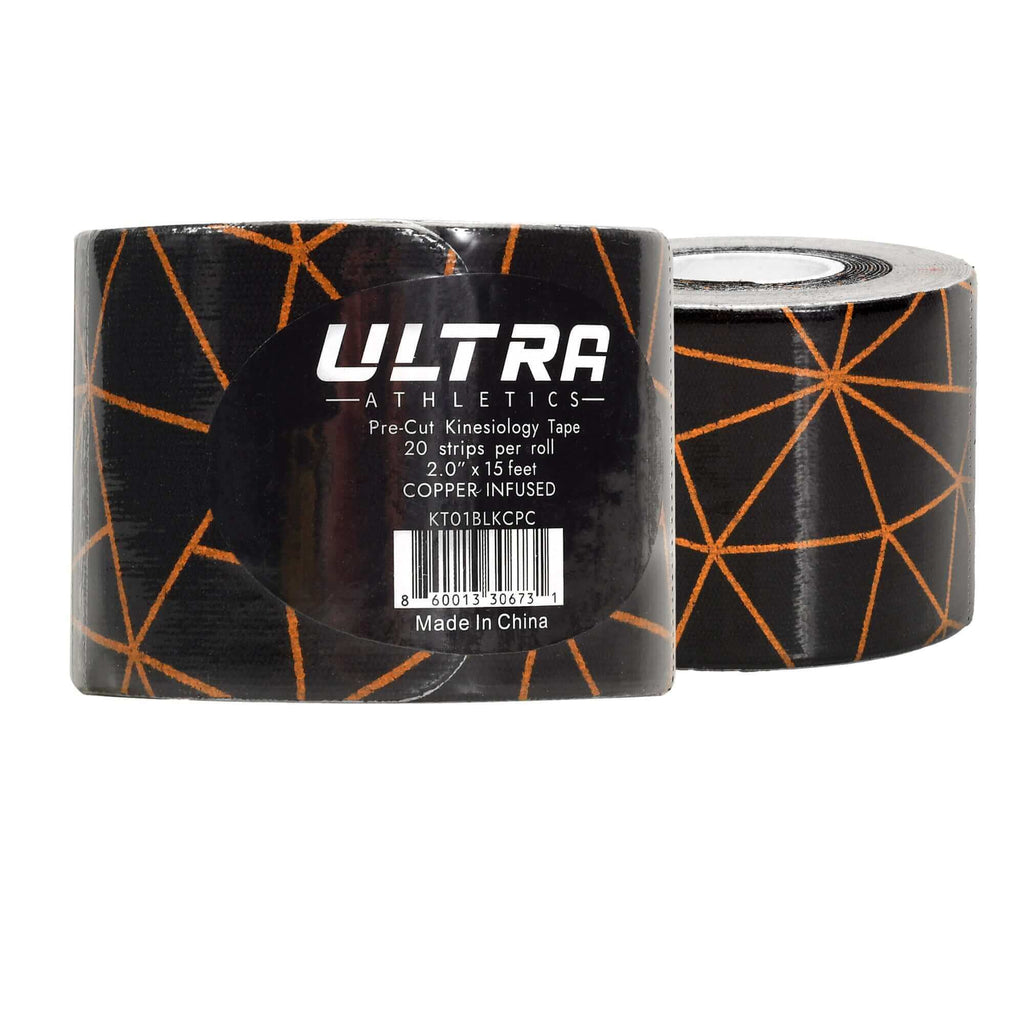 Ultra Athletics Copper Infused Pro Series Kinesiology Tape Precut with Stretch Indicator Single Roll (Black Copper)
