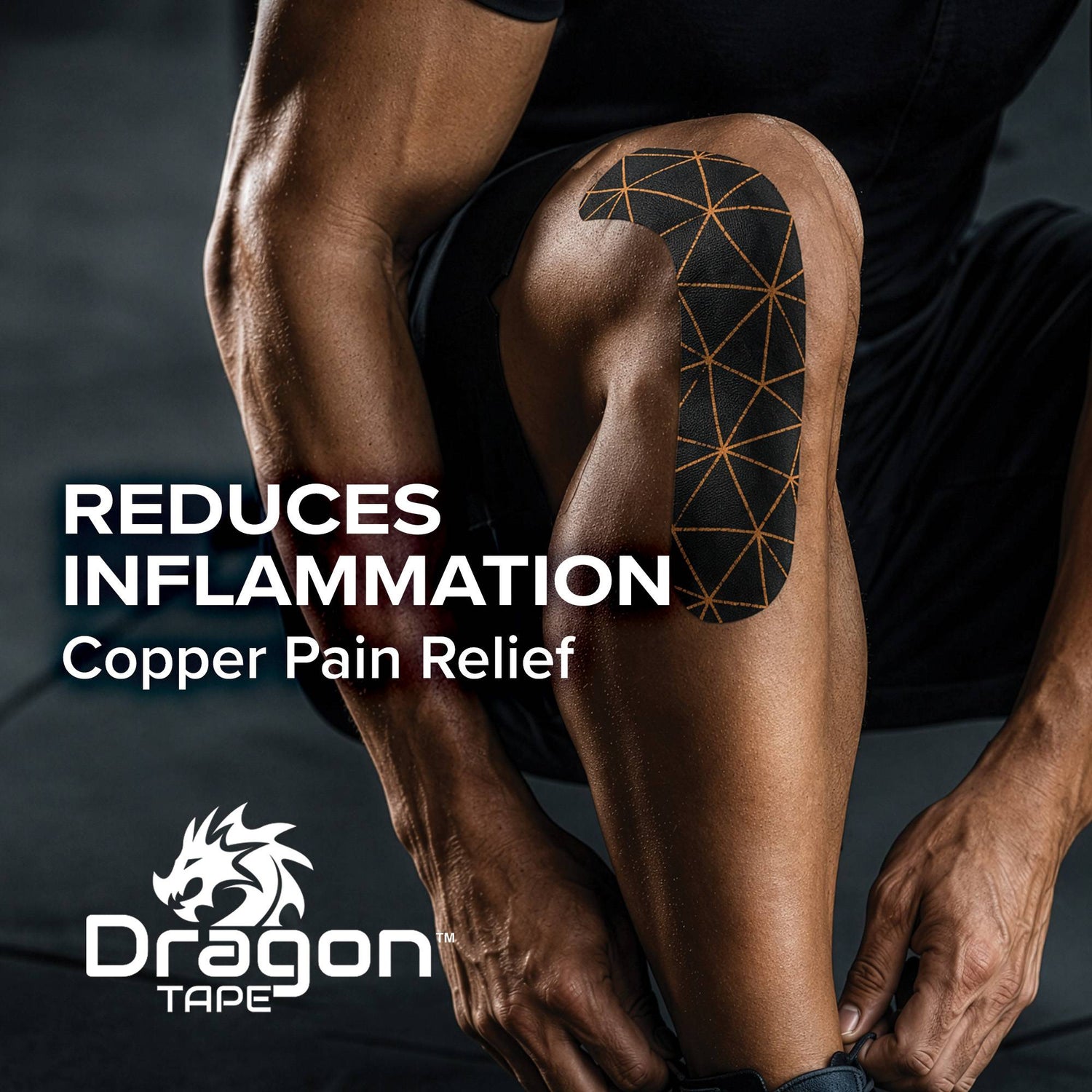 Dragon Tape black copper infused kinesiology tape applied to knee for workout support and active recovery.