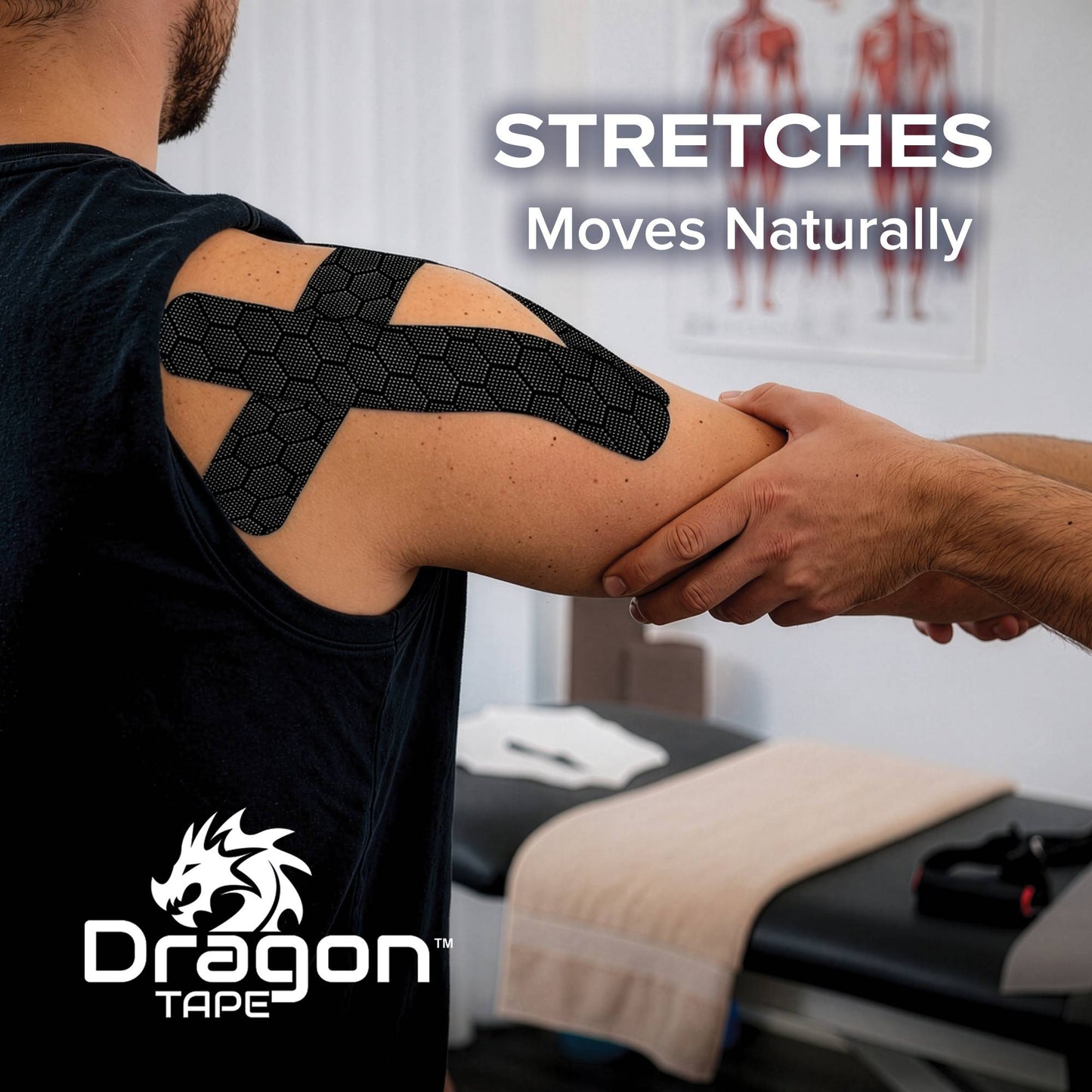 Dragon Tape black kinesiology tape applied to the shoulder for flexible movement and support.