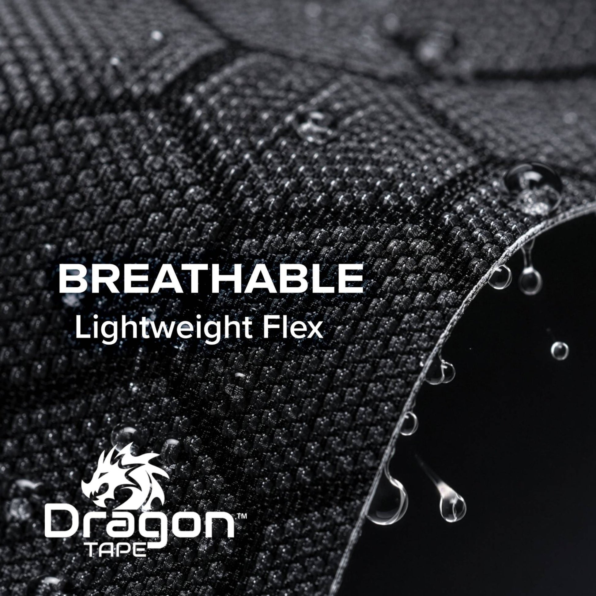 Dragon Tape black kinesiology tape close-up showing breathable lightweight flex and water resistance.