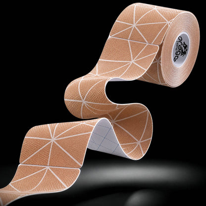 Dragon Tape copper-infused beige kinesiology tape roll and strip with geometric pattern.