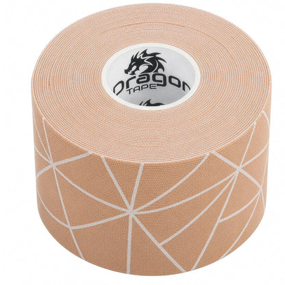 Dragon Tape copper-infused beige kinesiology tape roll close-up with geometric pattern.