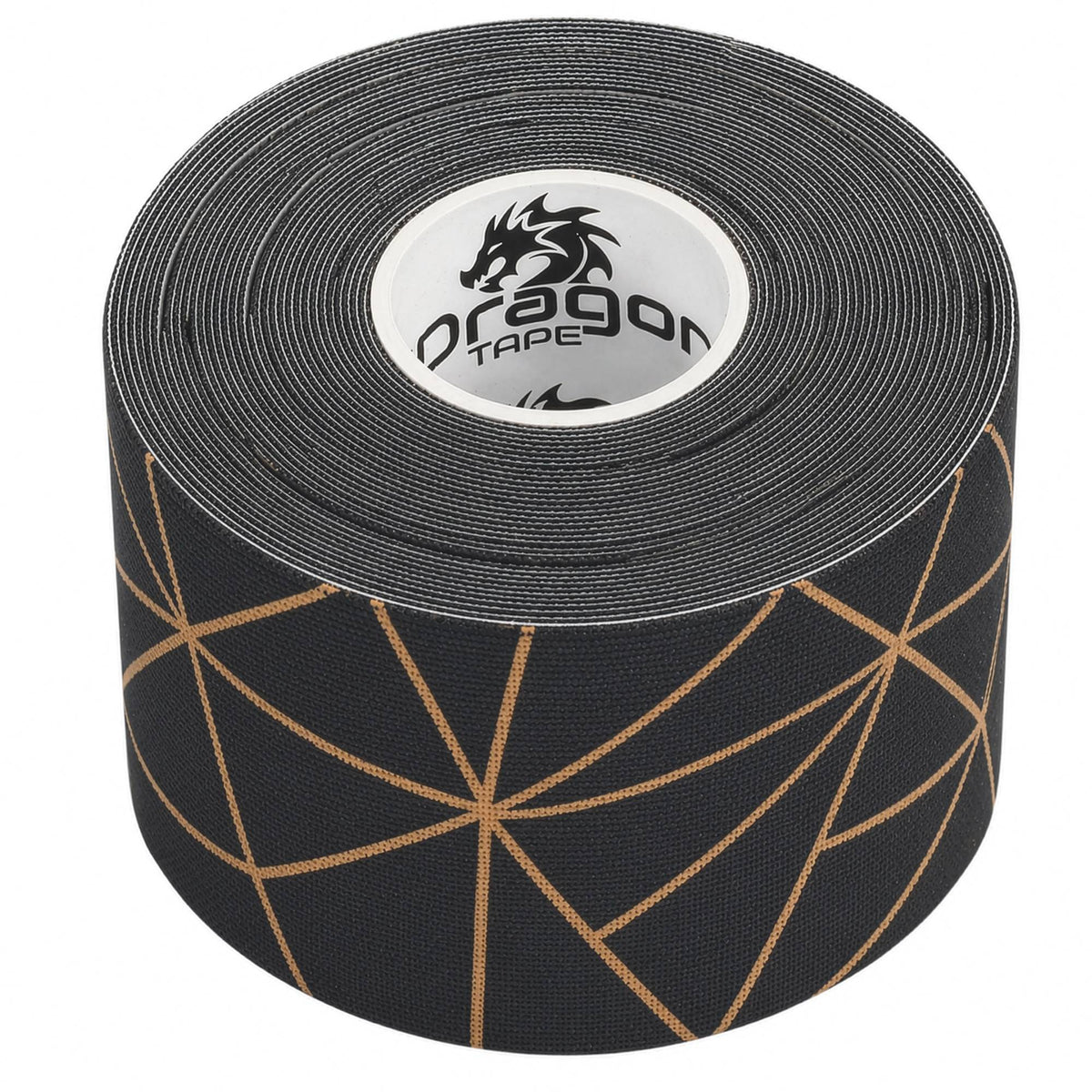 Dragon Tape copper-infused black kinesiology tape roll close-up with geometric pattern.