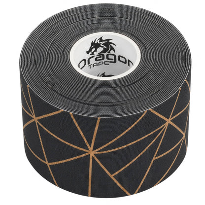 Dragon Tape copper-infused black kinesiology tape roll close-up with geometric pattern.