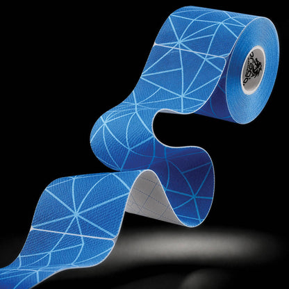 Dragon Tape copper-infused blue kinesiology tape roll and strip with geometric pattern.