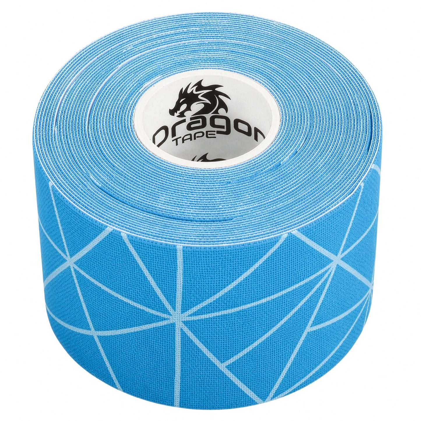 Dragon Tape copper-infused blue kinesiology tape roll close-up with geometric pattern.