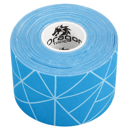 Dragon Tape copper-infused blue kinesiology tape roll close-up with geometric pattern.