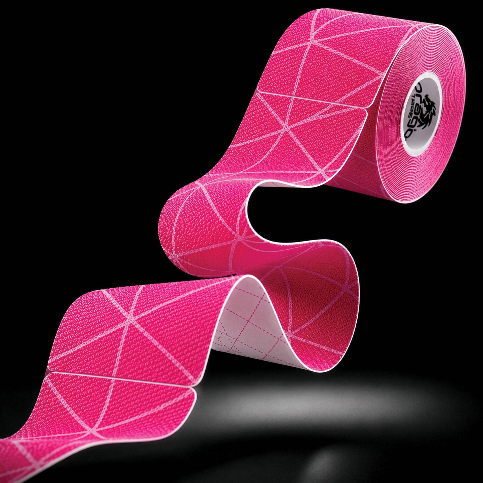 Dragon Tape copper-infused pink kinesiology tape roll and strip with geometric pattern.