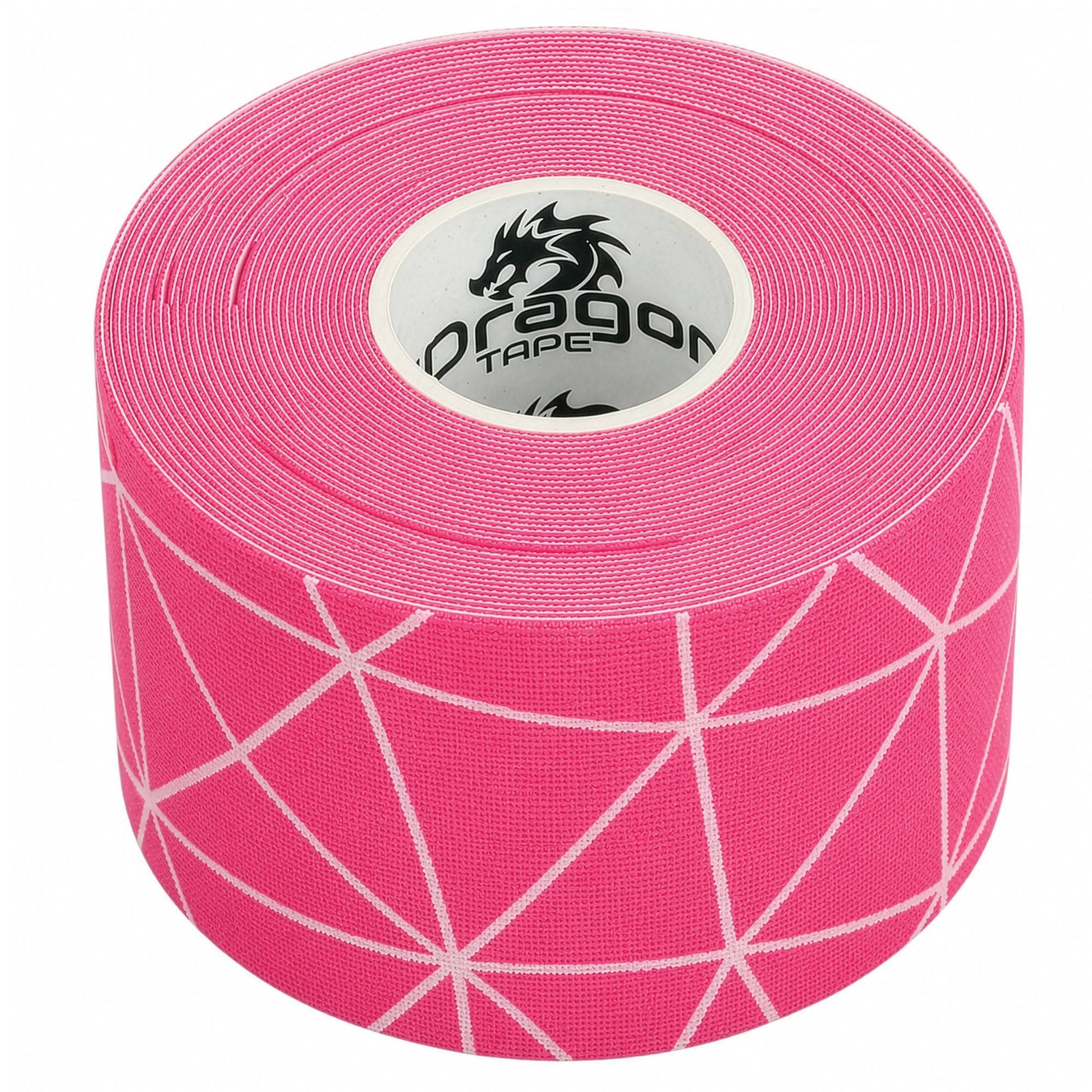 Dragon Tape copper-infused pink kinesiology tape roll close-up with geometric pattern.