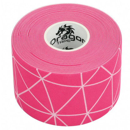 Dragon Tape copper-infused pink kinesiology tape roll close-up with geometric pattern.