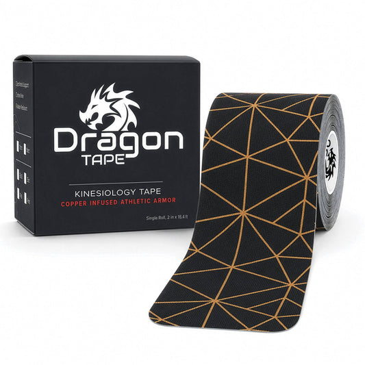 Dragon Tape copper-infused black kinesiology tape box and roll, 20 precut strips.