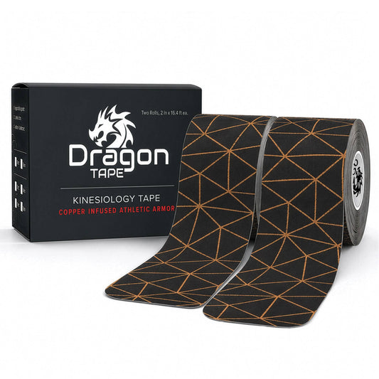 Dragon Tape copper-infused black kinesiology tape box and two rolls, 40 precut strips.