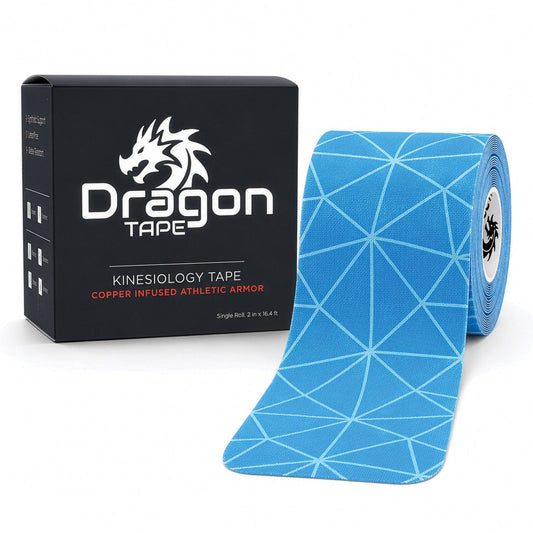 Dragon Tape copper-infused blue kinesiology tape box and roll, 20 precut strips.