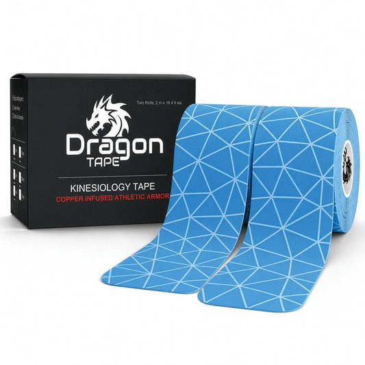 Dragon Tape copper-infused blue kinesiology tape box with two rolls, 40 precut strips.