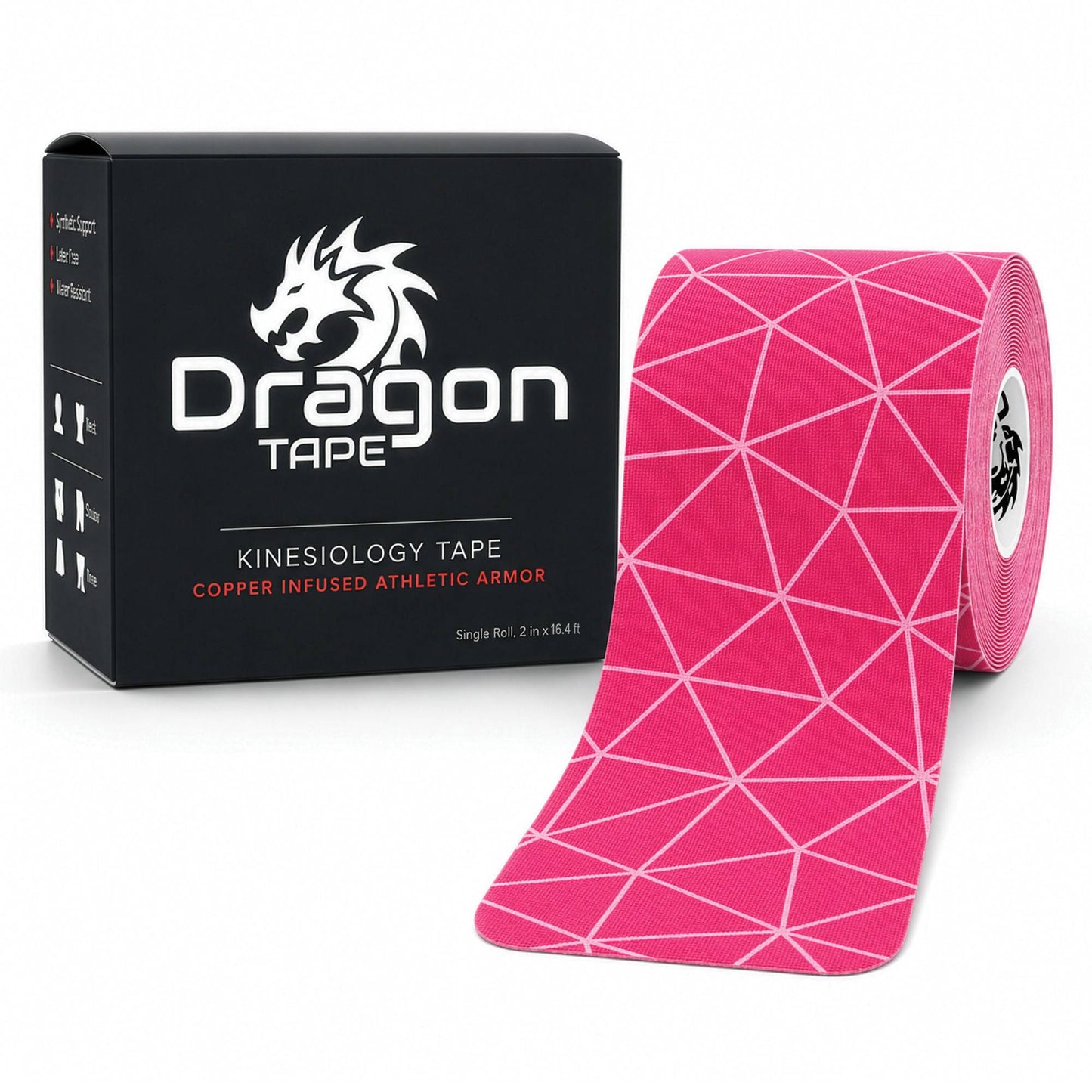 Dragon Tape copper-infused pink kinesiology tape box with roll, 20 precut strips.
