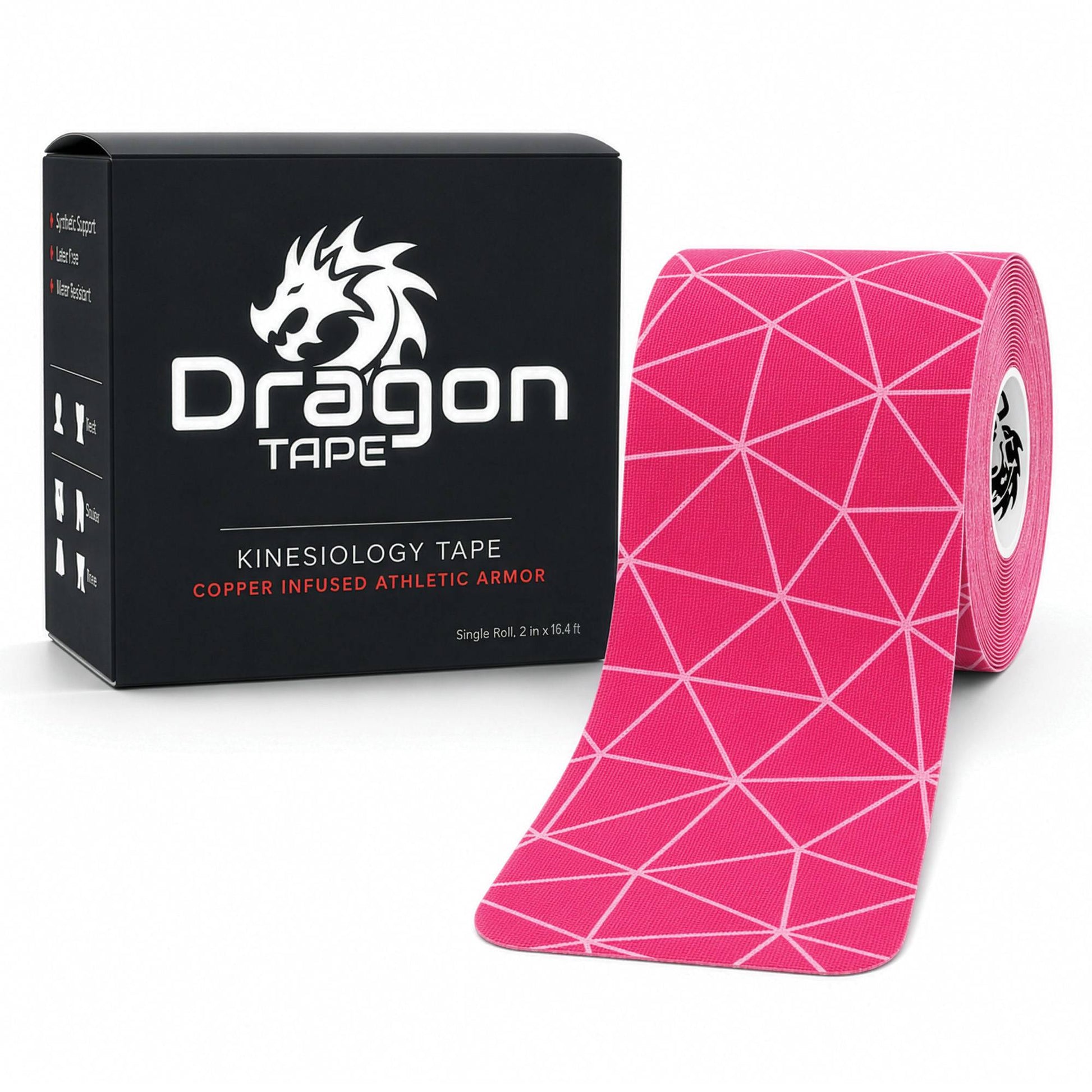 Dragon Tape copper-infused pink kinesiology tape box with roll, 20 precut strips.