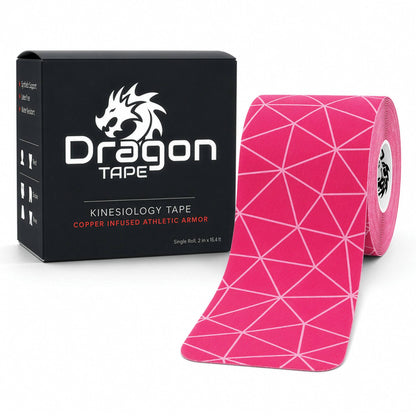 Dragon Tape copper-infused pink kinesiology tape box with roll, 20 precut strips.