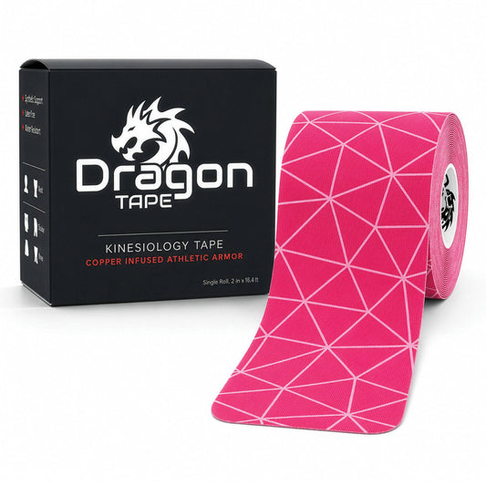 Dragon Tape copper-infused pink kinesiology tape box with roll, 20 precut strips.