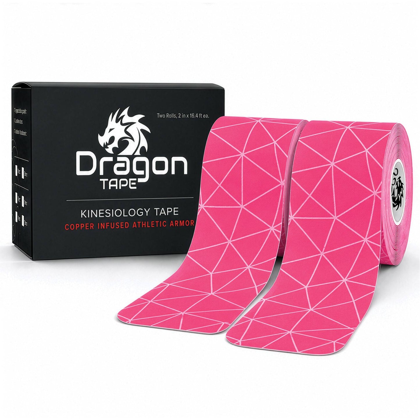 Dragon Tape copper-infused pink kinesiology tape box with two rolls, 40 precut strips.