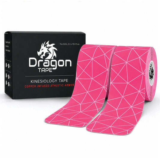 Dragon Tape copper-infused pink kinesiology tape box with two rolls, 40 precut strips.