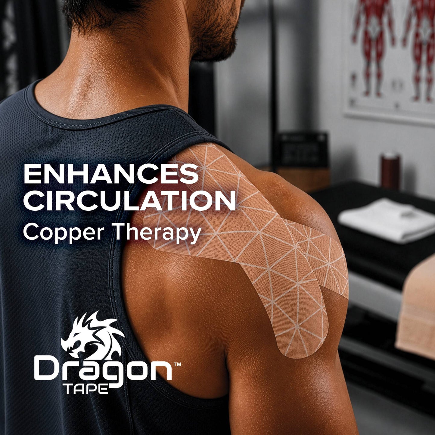 Dragon Tape copper infused kinesiology tape applied to athlete shoulder for athletic support and mobility.