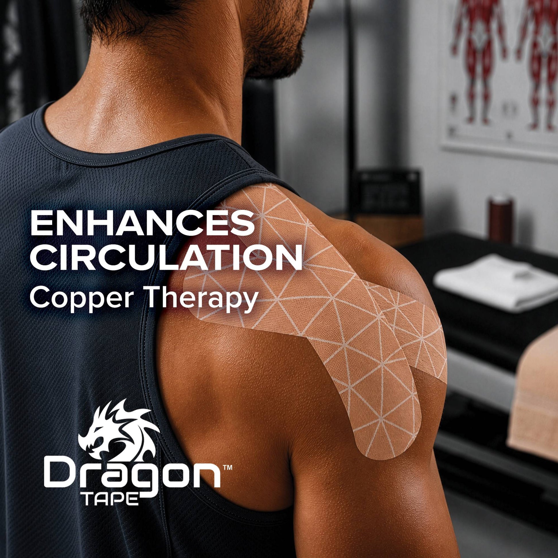 Dragon Tape copper infused kinesiology tape applied to athlete shoulder for athletic support and mobility.