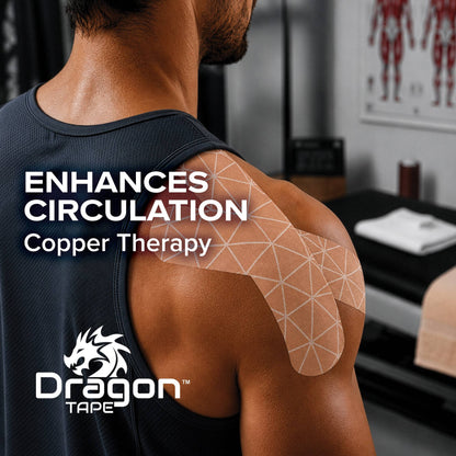 Dragon Tape copper infused kinesiology tape applied to athlete shoulder for athletic support and mobility.