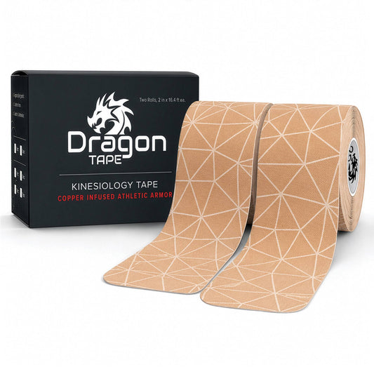 Dragon Tape copper-infused beige kinesiology tape box with two rolls, 40 precut strips.