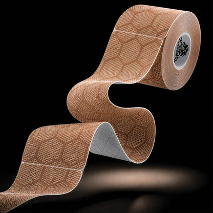 Dragon Tape pro-grade synthetic beige kinesiology tape roll and strip with hex pattern.