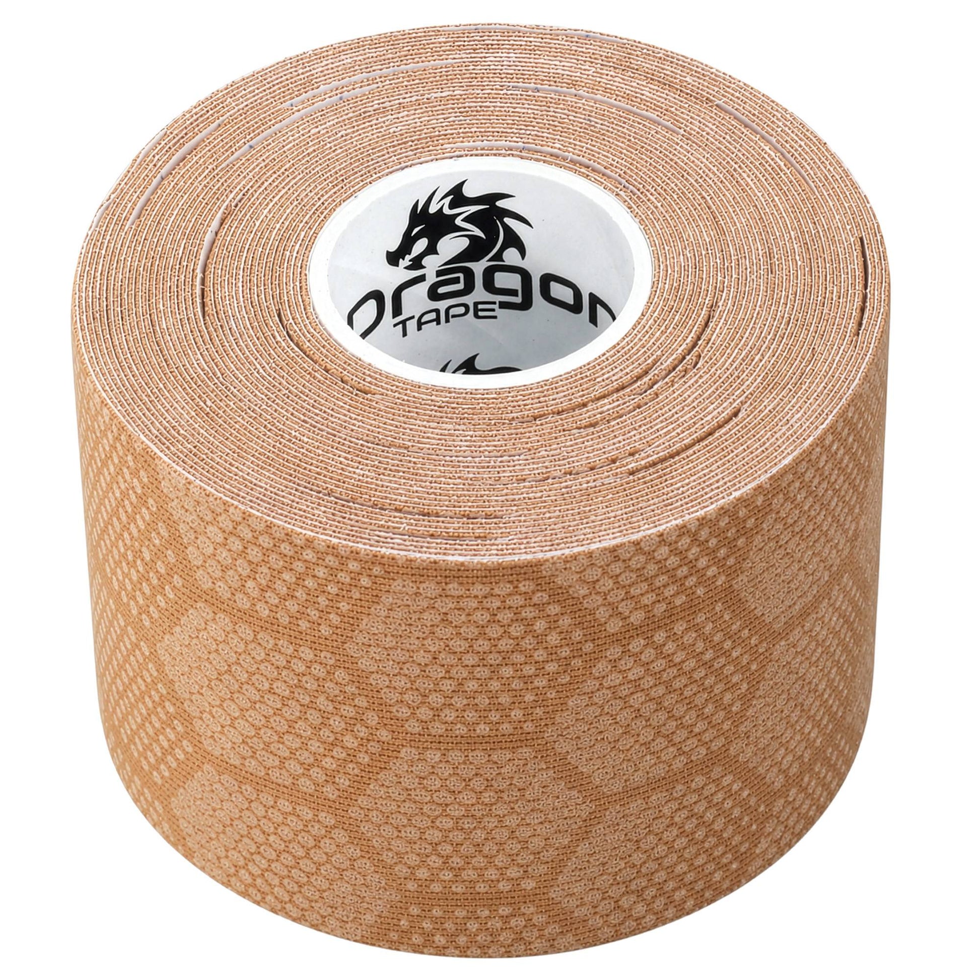 Dragon Tape pro-grade synthetic beige kinesiology tape roll close-up with hex pattern.