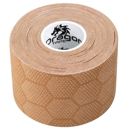 Dragon Tape pro-grade synthetic beige kinesiology tape roll close-up with hex pattern.