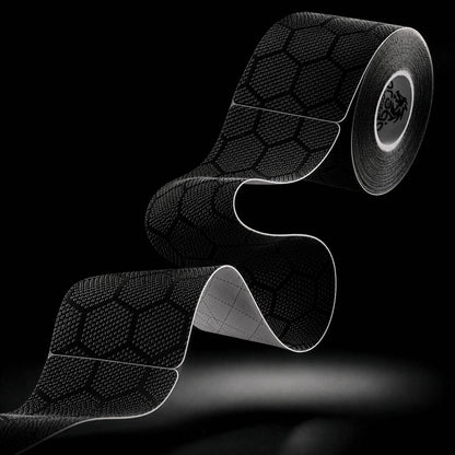 Dragon Tape pro-grade synthetic black kinesiology tape roll and strip with hex pattern.