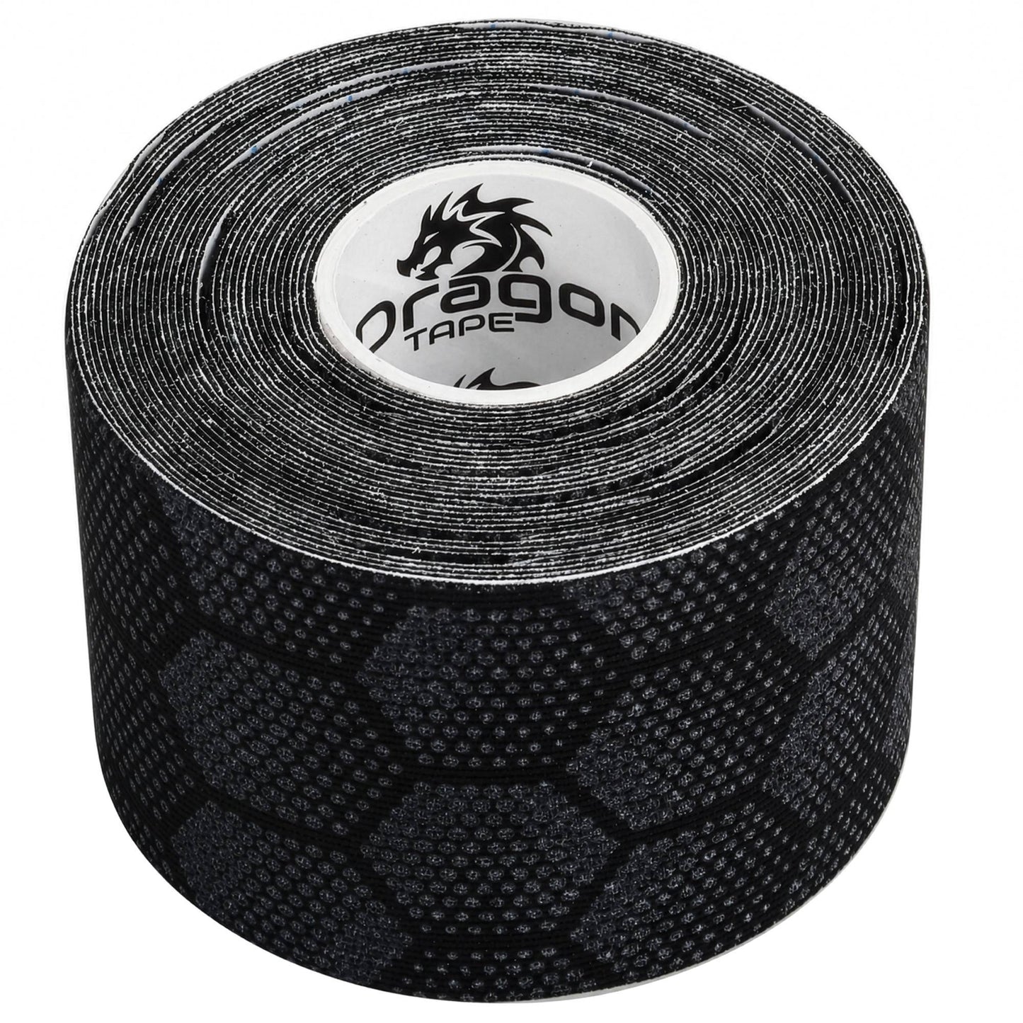 Dragon Tape pro-grade synthetic black kinesiology tape roll close-up with hex pattern.