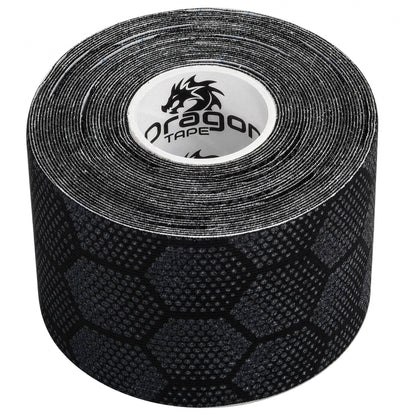 Dragon Tape pro-grade synthetic black kinesiology tape roll close-up with hex pattern.