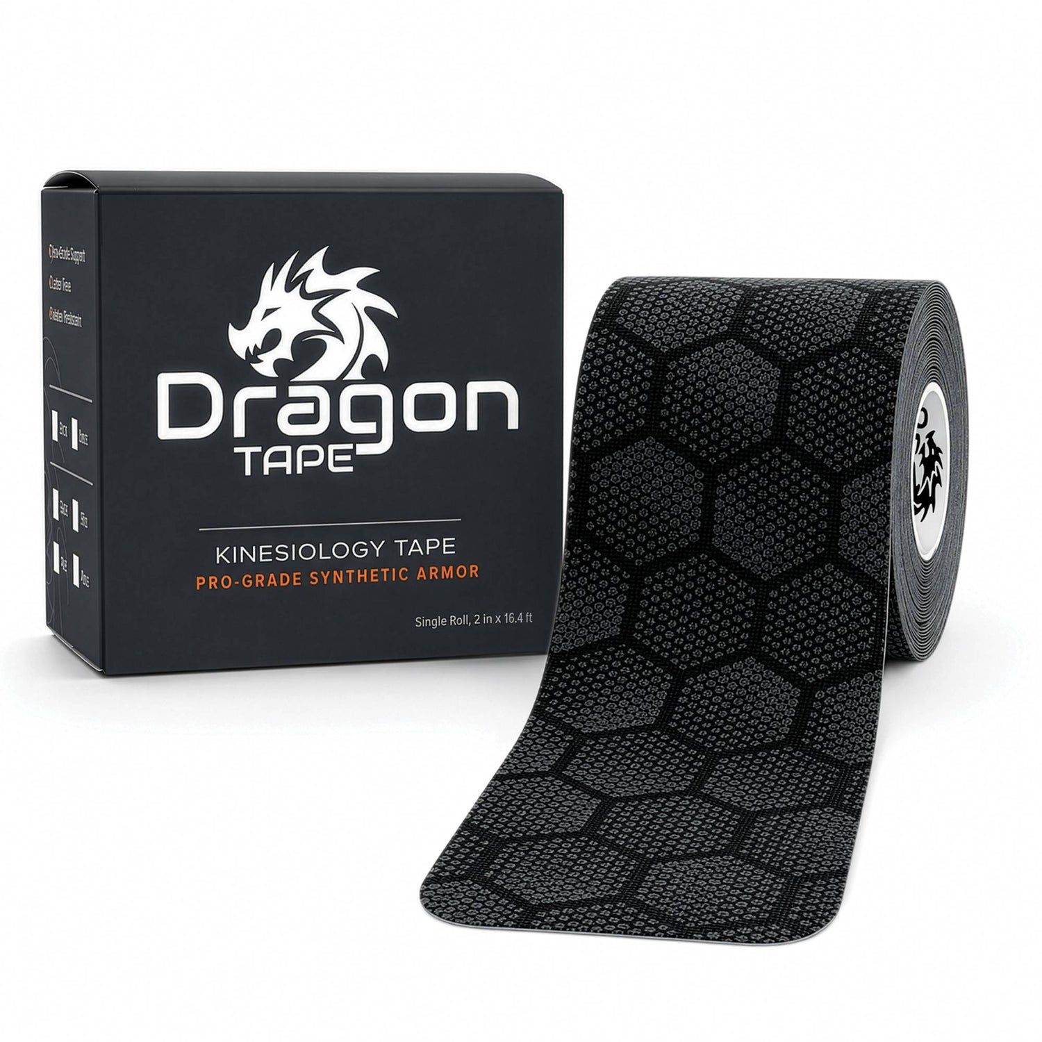 Dragon Tape pro-grade synthetic black kinesiology tape box and roll, 20 precut strips.