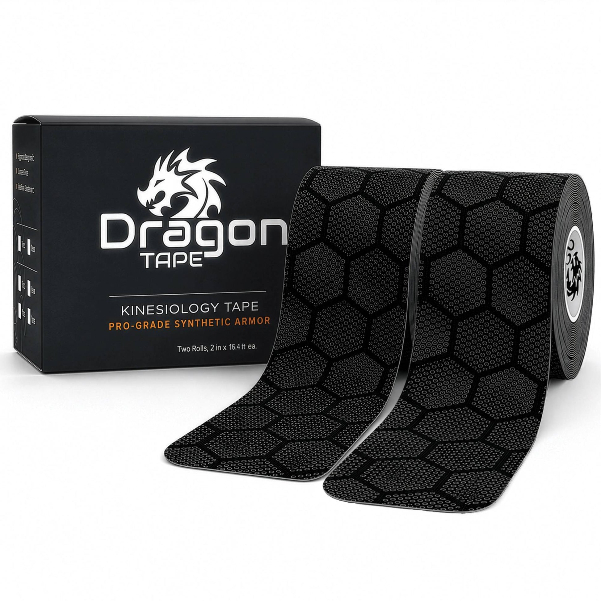 Dragon Tape pro-grade synthetic black kinesiology tape box with two rolls, 40 precut strips.