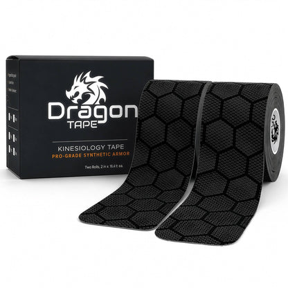 Dragon Tape pro-grade synthetic black kinesiology tape box with two rolls, 40 precut strips.