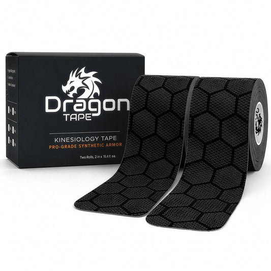 Dragon Tape pro-grade synthetic black kinesiology tape box with two rolls, 40 precut strips.