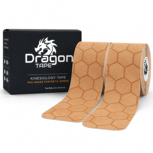 Dragon Tape pro-grade synthetic beige kinesiology tape box with two rolls, 40 precut strips.