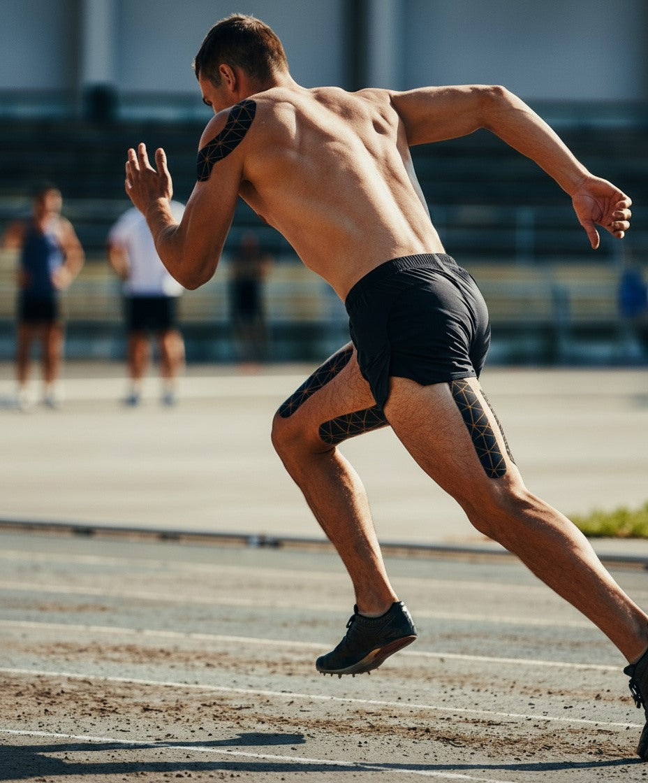 Man running on a track with other runners in the background wearing Dragon Tape on legs and shoulder.